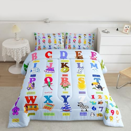 jejeloiu Alphabet Bedding Set for Boys Girls, Educational Number Comforter Set Toddler Size Zoo Animal Duvet Quilt Microfiber Toddler Learning Bedroom Decor White 2 Pcs with 1 Pillow Cases