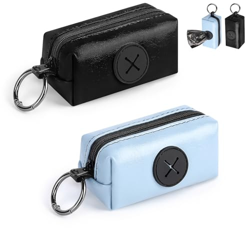 2 Pièces Distributeur Sac a Crottes Chien Porte Sac Dejection Canine en PU Cuir avec Anneau Métallique Support de Sac à Déjections Canines à Suspendre pour Marche Randonnée Promenade(Noir&Blau)