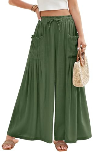 PASUDA Pantalones Mujer Verano Largo Lino Pantalon Anchos Ligeros Frescos Cintura Alta Elástico Casuales Fluido Pantalón con Falda Comodo Pants de Playa con Bolsillos Cordón (Verde Oliva, XXL)