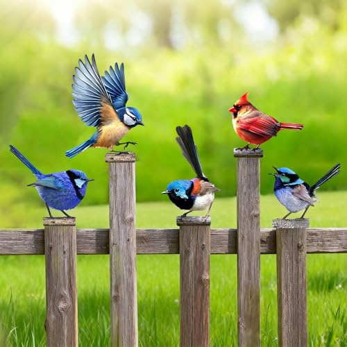 TZQFROCE Gartendeko Bemalte Vogel 5 Stück Vögel Gartenstecker Deko Gartendeko Für Draußen Metall Bunt Bemalte 2D Vogel Baumstecker für Gartendekoration Holz Zaunfiguren Frühling Bäume Deko