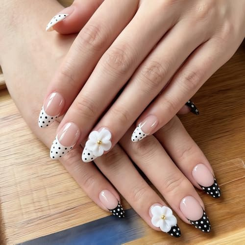 Cosblisvia Press on Nails Hechas a Mano, Uñas Adhesivas en Forma de Almendra (Tamaño M), Uñas Postizas Cortas para Mujeres, Novias, Principiantes para Bodas, Oficina, Uso Diario (Blanco y Negro)