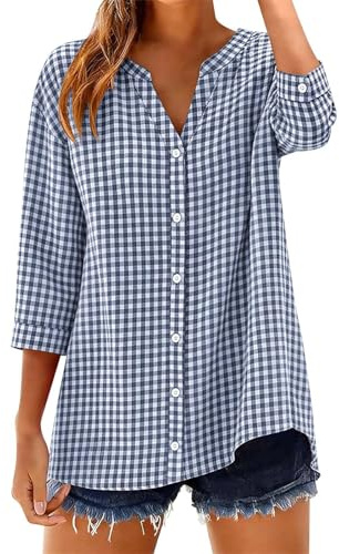 3/4-ärm button-down-skjortor för kvinnor 2026 Gingham rutiga randiga toppar v-hals ledig lös blus sommar rutig t-shirt, Marinblått Xsp, XL
