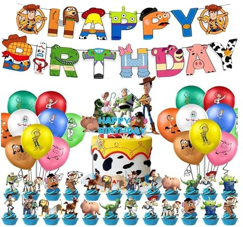 Toy Birthday Party Supplies Decorations, Banner Latex Balloons Cake Topper Cupcake Toppers
