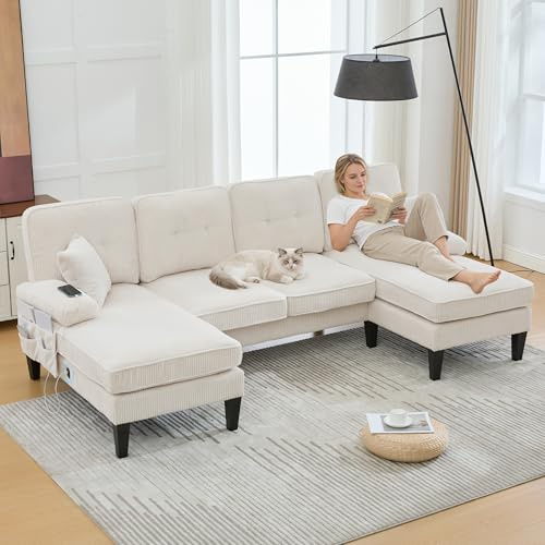 FammyLoft Soffa, U-form med sittkudde, 4-sitsig hörnsoffa med dubbel chaise-longue, stor soffa med USB-C/sidoficka, ergonomisk soffa, ergonomisk för vardagsrum/sovrum, 250 cm, manchester, beige