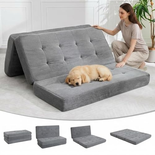 IDEALHOUSE 6 Tri-Fold Mattress Full Size, Tufted Folding Corduroy with Chenille Fabric, Portable Floor Guest Mat for Adults, Foldable Sleeping Pad for Camping, Guest, Toddler, Grey - 75 * 39 * 6