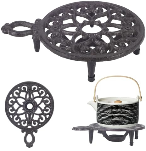 AHANDMAKER Cast Iron Teapot Warmer Dish Cups Trivet, Round-Shaped Design with Tealight Candle Holder Rustic Metal Teapot Heater Base for Office Party Heat Food Coffee Milk or Tea