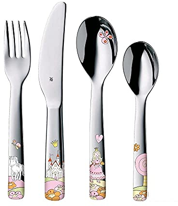 WMF Prinzessin Anneli Kinderbesteck Set 4-teilig, Besteck Mädchen Edelstahl, für Kinder ab 3 Jahre, altersgerechte Größe und Form, Cromargan poliert, spülmaschinengeeignet