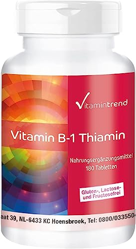 Vitamintrend Vitamin B1 hochdosiert 100mg, 180 Tabletten, Thiamin, veganes Nahrungsergänzungsmittel ohne Zusätze, in Deutschland hergestellt