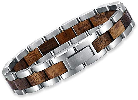 Woodstar Silver Crocodile Bracelet en Acier inoxydable et Bois, Bijoux Bracelets pour Homme Deux-Tons Réglable B18-003