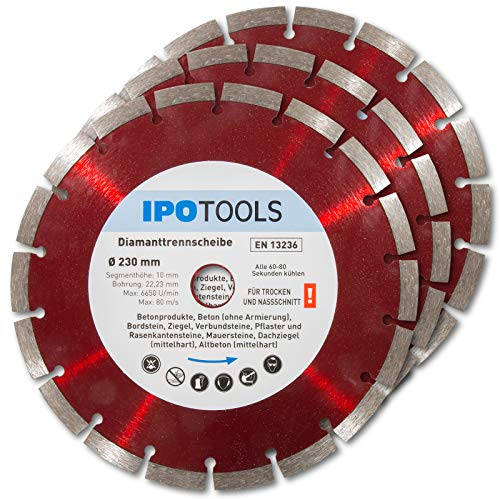 IPOTOOLS 3x Diamanttrennscheibe 230 Diamantscheibe Trennscheibe Trocken und Nassschnitt für Beton, Ziegel, Naturstein, Stein, 10mm Segment, Bohrung 22,23 mm