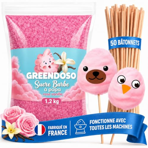 GREENDOSO® Sucre Barbe à Papa Rose Vanille pour Machine 1,2 Kg, 50 Bâtons | 8 Décos Comestibles en Azyme. Créez 45 à 50 Barbapapa. Idéal Fêtes. Pour Appareil à Barbe à Papa. Fabriqué en France.