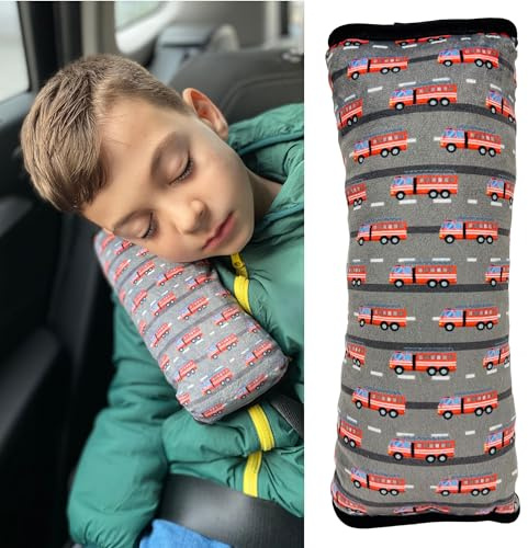HECKBO Auto Schlafkissen für Kinder Mädchen Jungen - Autos Feuerwehr Polizei Traktor - maschinenwaschbar - Auto Gurtkissen, Gurtschoner, Gurtschutz Sitzerhöhung, Auto Kissen, Reisekissen, Urlaub