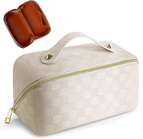 Cessfle Large Capacity Travel Cosmetic Bag, Boho Purple Makeup Bag Waterproof Leather Travel Toiletry Bag Woven Open Flat Makeup Organizer Bag