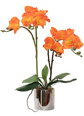 CXGS Artificial Orchid Flower Plant Real Touch Faux Orchids in Ceramic Vase Orange 19.7'' Fake Phalaenopsis Flower Arrangement Centerpiece Home Indoor Decor