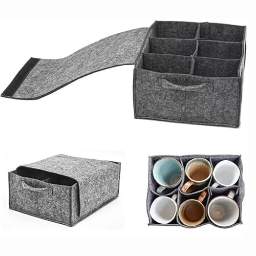 JUTTAUTO Minimalist Foldable Cup Holder, Grey, 6 Compartments, Holds 25 lbs, Space Saving, Lightweight, Felt, Caravan Glass Cup Holder Storage Bag