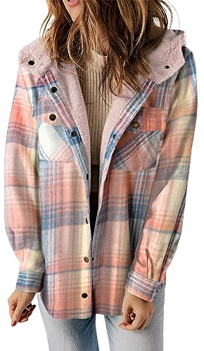 Dokotoo Fashion 2025 Winter Clothing for Women Plaid Shacket Jacket Women Sherpa Lined Fleece Fur Hooded Button Up Long sleeve Flannel Shirts Fluffy Warm Thick Oversized Outwear Coat Pockets Pink M