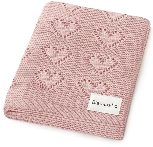 Bleu La La Herz Babydecke - 100% Luxuriöse Weichbaumwollstrick Warme Gemütliche Kuscheldecke für Kinderwagen und WiegePuckdecke für Neugeborene Säuglinge und Kleinkinder (Ballettrosa)