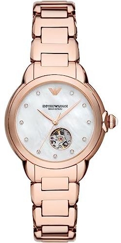 Emporio Armani Women's Watch, Automatic Movement, Rose Gold-Tone Stainless Steel Watch with Stainless Steel/Leather Strap