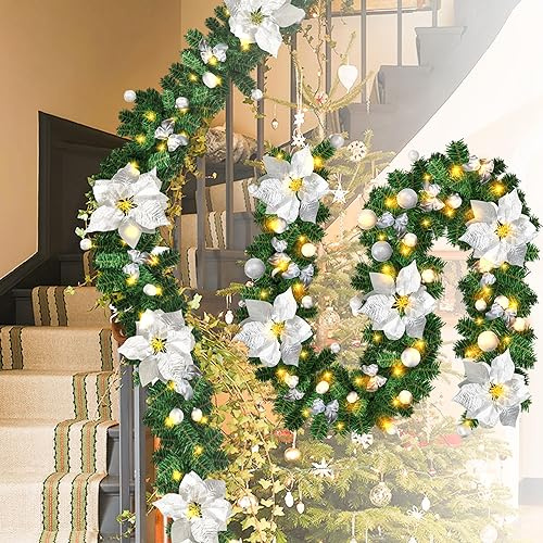 Sonnewelt 2er Weihnachtsgirlande 2.7M,Tannengirlande mit Beleuchtung 50 LEDs,Warmweiß Weihnachtskranz mit Silberstrauß Blumenstrauß für Inneneinrichtung Kamin Treppe Wand Tür Draußen Weihnachtsdeko