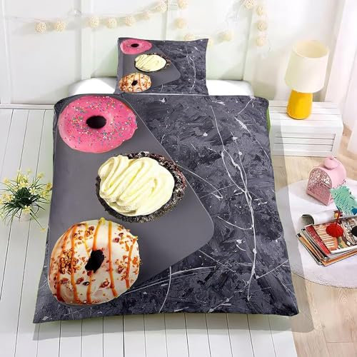 Copripiumino 160x200 Ciambella Stampa 3D Set Copripiumino Ciambelle Morbido Microfibra Biancheria da Letto Ciambella, Copripiumone con 2 Federe con Cerniera F2828