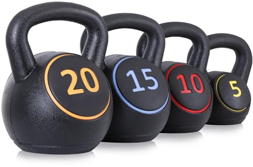 Saicool 4-Piece Kettlebells Weights Set, Wide Grip Strength Training Soft Kettlebell, Exercise Fitness Concrete Weight, Full Body HIIT Workout, Weights for Women at Home 5 lbs 10 lbs 15 lbs and 20 lbs lb Dumbbells