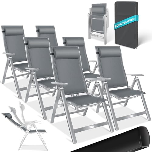 KESSER® Gartenstuhl Hochlehner mit Armlehnen 6er Set Aluminium Klappstuhl mit Kopfkissen & Abdeckung Campingstuhl 7-Fach Verstellbar Rückenlehne Atmungsaktiv Wetterfest Klappbar Anti-Rutsch, Hellgrau