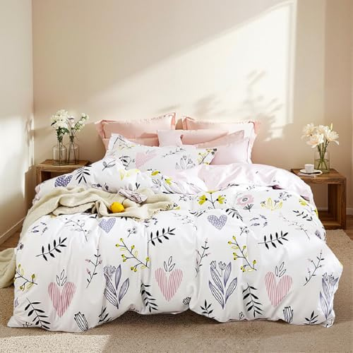 Lanqinglv Bettwäsche 135x200 Mädchen Rosa Weiß Blumen Blätter Kinder Bettwäsche Herzen aus Microfaser,ÖKO-TEX Bettwäsche Set - Bettbezug mit Reißverschluss und 1 Kissenbezug 80x80 cm