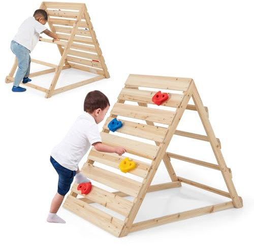 COSTWAY Triángulo Escalada para Niños, Escalador Triangular de Doble Cara con Coloridas Rocas y Escaleras para Escalar, Triángulo de Aprendizaje Montessori para Niños de 3-8 Años, Natural