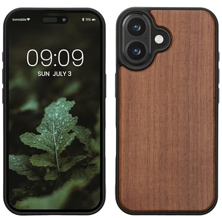 kwmobile Handyhülle für Apple iPhone 16 Hülle Holz - Case mit TPU Bumper - Stoßfestes Hardcase - Schutzhülle Cover in Dunkelbraun