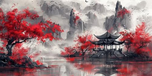 Diamond Painting Kits for Adults&Beginners DIY 5D Shanshui Pavilion Diamond Art PaintIng with Round Diamonds Full Drill Chinese style Gem Art Painting Adult Crafts Kit for Home Wall Decor 40x70cm