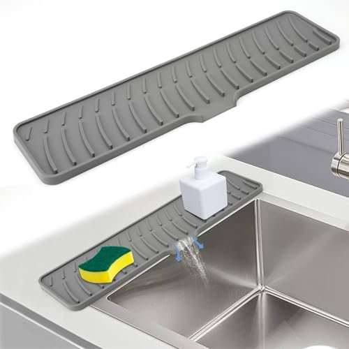 HENGBIRD Silikon Abtropfmatte Schmal, 42 X 10 CM Wasserhahnschutz & Abtropfmatte Verlängert Silikon Abtropfmatte Wasserhahn Abtropfmatte Spüle Wasserhahn Schutz für Anti Rutsch und Entwässerung