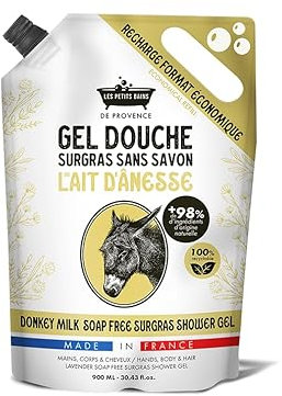 Recharge Gel Douche Lait d'Ânesse 900ml Les Petits Bains de Provence - Gel Douche surgras sans savon, +98% ingrédients naturels, pour mains, corps et cheveux, recyclable