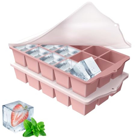 YUNISS Moule à Glaçons, 2 Pièces de 15 Compartiments Bac à Glaçons en Silicone, Glçons Carrés 3cm, DIY Réutilisable Bacs à Glaçons Empilables Sans BPA pour Cocktails, Whisky, Vin, Fruits -Rose