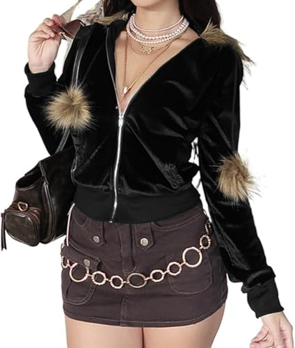 LLECDASEUI Samt-Kapuzenpullover für Damen, langärmelig, Reißverschluss, Sweatshirt, Crop Top, Jacken mit Pelz-Kapuzen-Kordelzug, Retro, Y2k, Schwarz , M