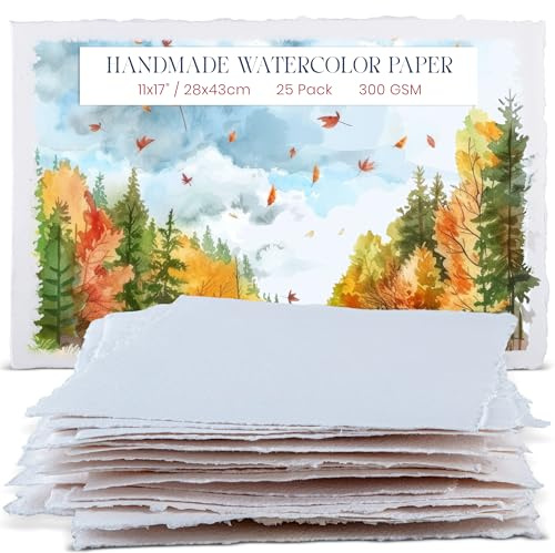 Wanderings Carta per Acquerello Spessa Fatta a Mano con Bordo Irregolare – 28×43 cm – 300 GSM – Carta Bianca Pressata a Caldo per Tecniche Miste in Cotone Riciclato – 25 Fogli Sfusi