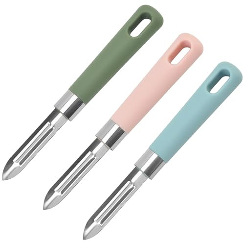 WOLMIK 3-Piece Potato, Vegetable & Fruit Peeler Set, Stainless Steel & PP, Ergonomic Non-Slip Grip, Dishwasher Safe (Green, Blue, Pink)