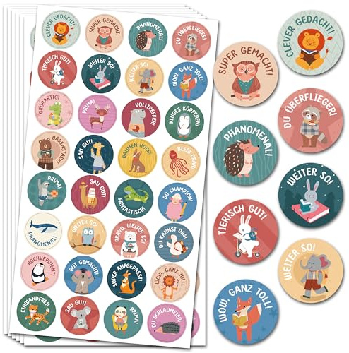 BIROYAL 1600 Tier Belohnungsaufkleber, Motivationssticker, 50 Blatt, 25mm | 32 Muster, Selbstklebende Sticker Lehrer, Deutsch Belohnungssticker, Reward Stickers, Sticker Tiere für Lehrerbedarf