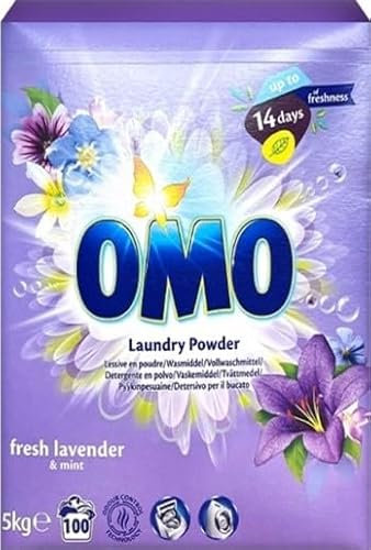 OMO Lessive en poudre lavande et menthe, 5 kg, 100 lavages, sans phosphate, en poudre