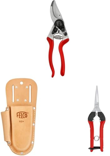 FELCO 8 Gartenschere mit Lederholster 910+ und Leseschere 322 – Ergonomisches Set für intensive Schnitte und präzise Ernten