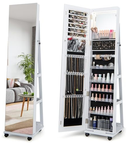 HOMFME Armoire à Bijoux avec Mirror sur Pied, Organisateur Rangement Maquillage avec Lumières LED 3 Couleurs & 5 Étagères Réglables, Porte Bijoux avec Roues pour Bague Bracelet Boucles (Blanc)