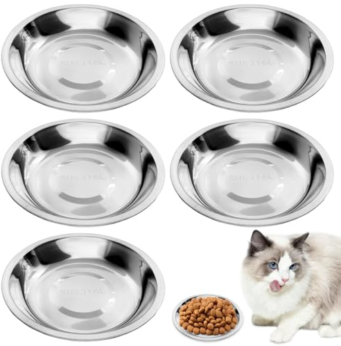 5 Stück Katzennapf Edelstahl 15,5 cm Flach Futternapf Katze, Metall Napf Fressnapf Futterschüssel, Flache Katzennäpfe aus Edelstahl Sturzsicher und Leicht zu Reinigen, für Kleine Hunde und Katzen