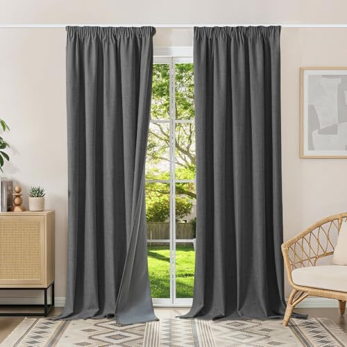Runyéla 100 % mörkläggningsgardiner, termiska gardiner, köldskydd, gardiner med veckband, 245 x 140 cm (H x B), set om 2, linneutseende, gardiner, ogenomskinliga, grå, skjutgardiner, vardagsrum