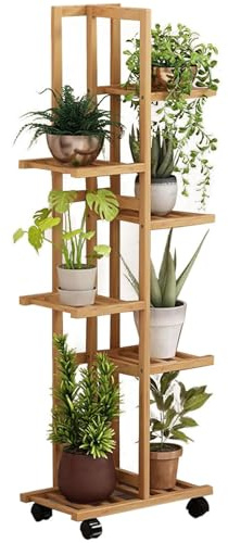 ASerZenith Bamboo Rolling Plant Stand Indoor Outdoor, Multiple Flower Pot Holder Shelf with Wheels, Tiered Planter Display Shelving Unit for Patio Garden Corner Balcony Living Room,6 Tiers