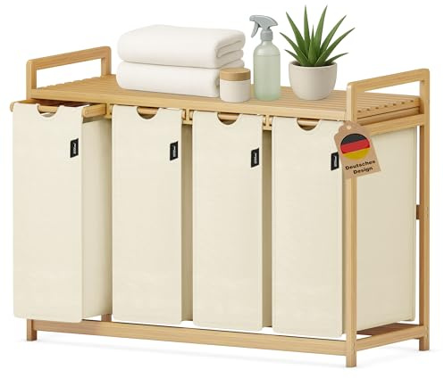 XMHome tvättkorg med 4 fack, 198 l tvättkorg med förvaring, bamburam | Tvättsorterare 4 x 49,5 l, utdragbar avtagbar, hylla upp till 45 kg, färg beige