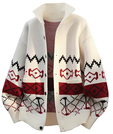 Generisch Norwegian Men's Cardigan Christmas Sweater Knitted Jumper Christmas Outfit Men Cardigan Fair Isle Chunky Knit Jumper Work Jumper for Cold Days, beige, 4XL