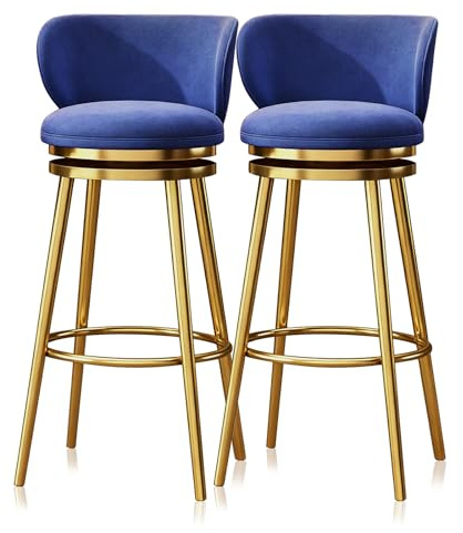 Snurrpall i sammet, barstol, set om 2, klädd sits, modern hög sammetspall for köksö, hemmabar(Blue 75cm,Gold Leg)