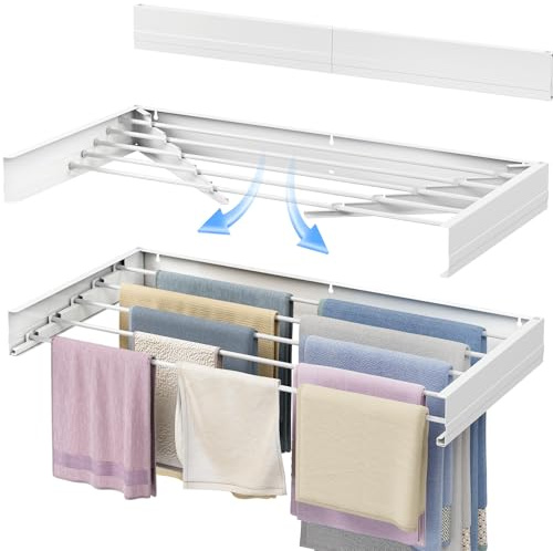 SYKIARIOL Wall Mounted Clothes Airer, Retractable Clothes Drying Rack, 97cm x 48.8cm x 9.7cm Foldable Laundry Drying Rack, Wall Mounted Clothes Drying Rack with 5 Rods, Drying Rack for Towel, White