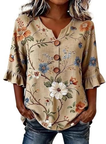 Camicia Donna, Camicia Lino Donna Estiva Cotone Camicie Elegante Di 3/4 Manica a Volant Scollo a V Con Bottoni Bluse Leggero Camicette Ricamo Vintage Casual Top da Spiaggia, Maglietta Leggera e Comoda