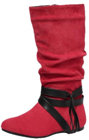 Slouchy rynkade knähöga stövlar för kvinnor platta western cowboy ridstövlar, Mocka röd svart bälte, 37 EU | med spänne nit rem dekor vardagliga höga vinterstövlar för semester fest shopping gatustil födelsedag