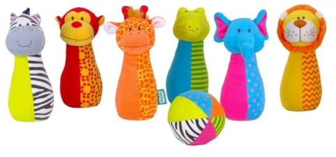 Fiesta Crafts Skittles Game for Kids - Jingly Jungle Bowling Set with 6 Animal Skittles & 1 Multicoloured Ball - Bright, Soft, & Embroidered Sensory Toys for 1 Year Old & Above Boys, Girls, & Toddler